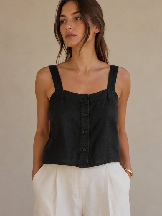 Everlane Tops - Everlane Black Linen Square Neck Button Front Tank Top Size 12